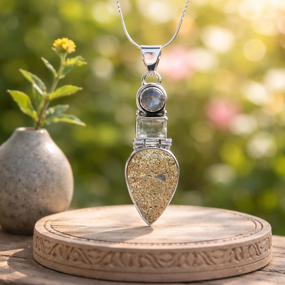 Labradorite & Gold Druzy Pendant Necklace - Picture 8 of 11
